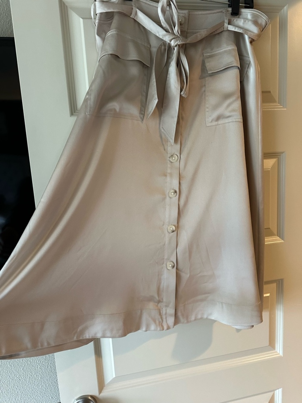 Banana Republic Satin Button-Front Midi Skirt with Tie Waist in Champagne Color - Picture 5 of 7